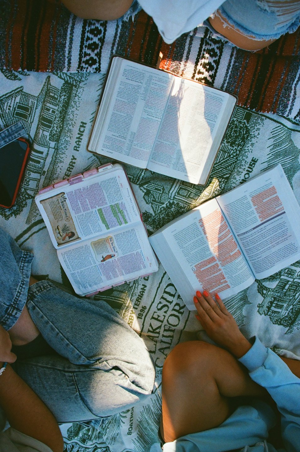 Personas estudiando libros juntas sobre mantas estampadas al aire libre.